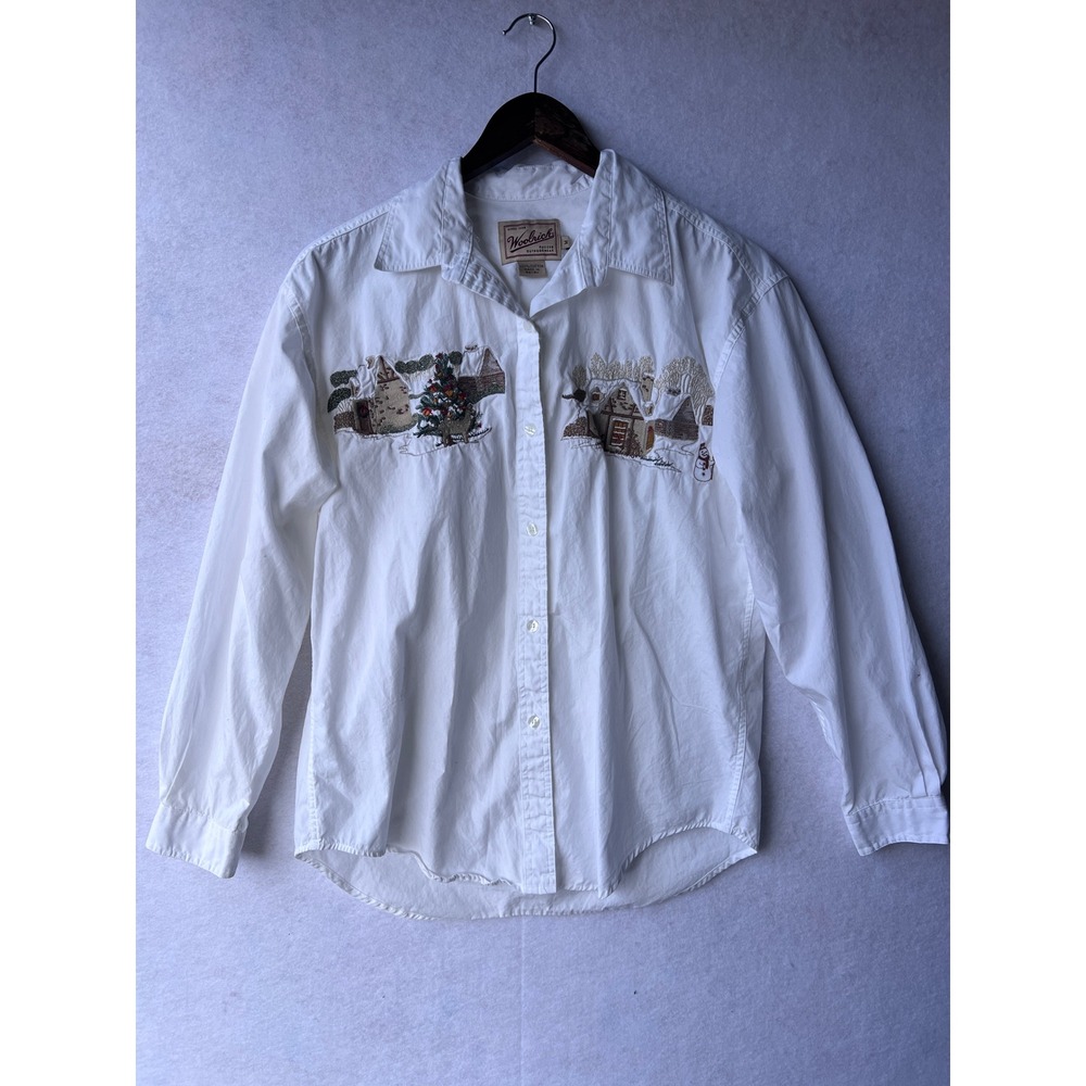 Woolrich Womens Medium White Cotton Embroidered Winter Village Christmas Shirt
